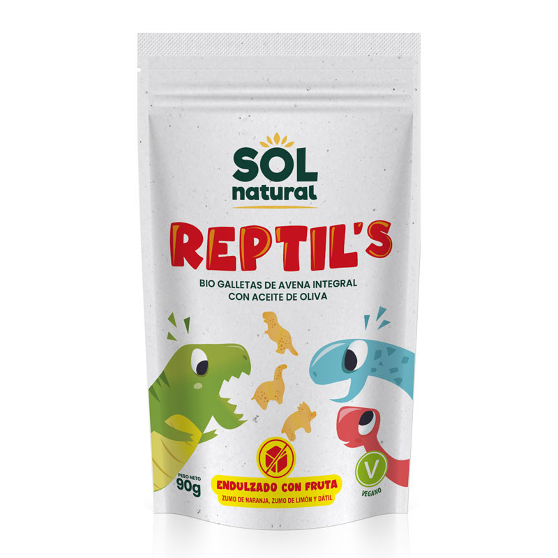 Galletas de Avena integral y fruta REPTIL'S (forma de dinosaurios) bio 90g Sol Natural